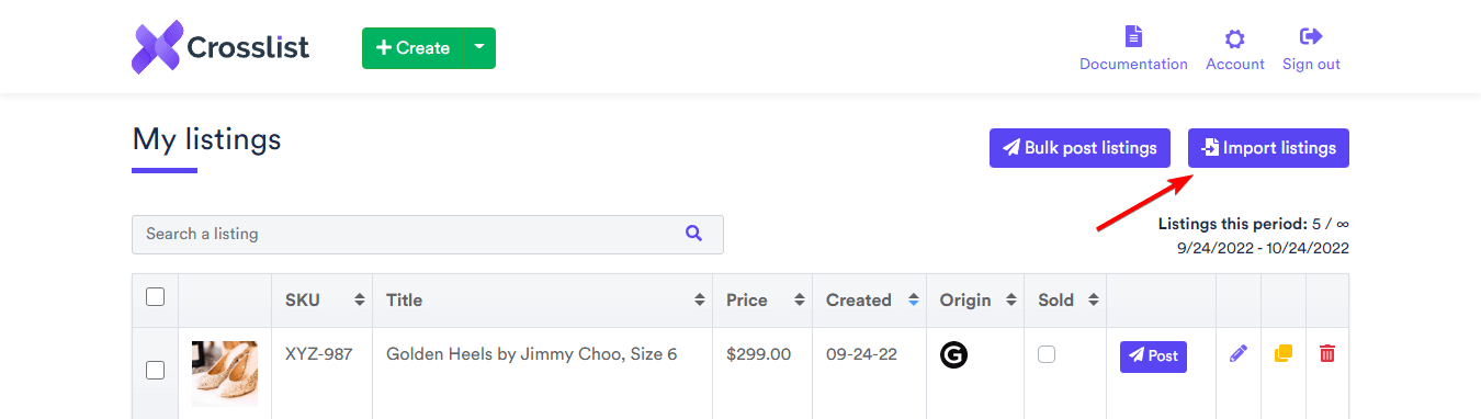Cross List Existing Inventory - Import Listings Button
