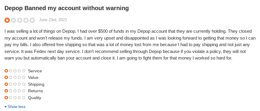 Depop Sitejabber Negative Review 1