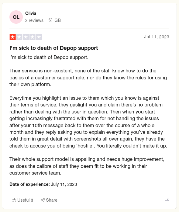 Depop Trustpilot Negative Review 1