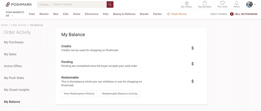 Poshmark My Balance