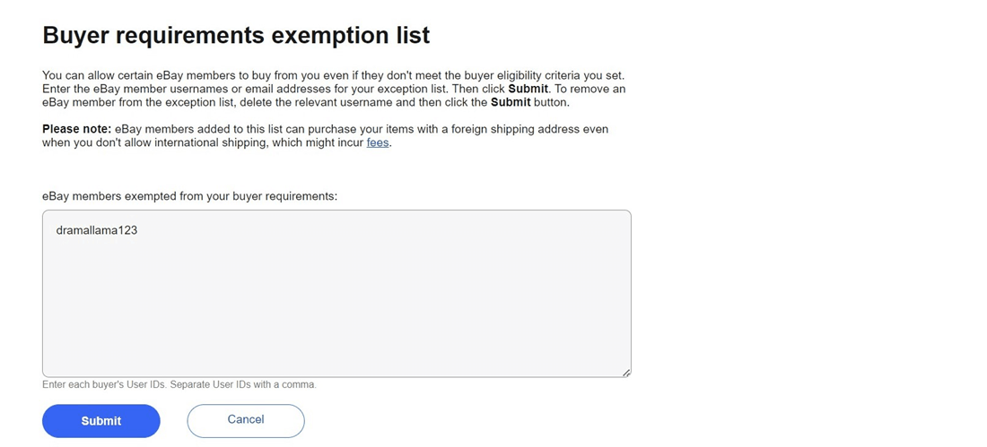 eBay Buyer Requirements Exemption List