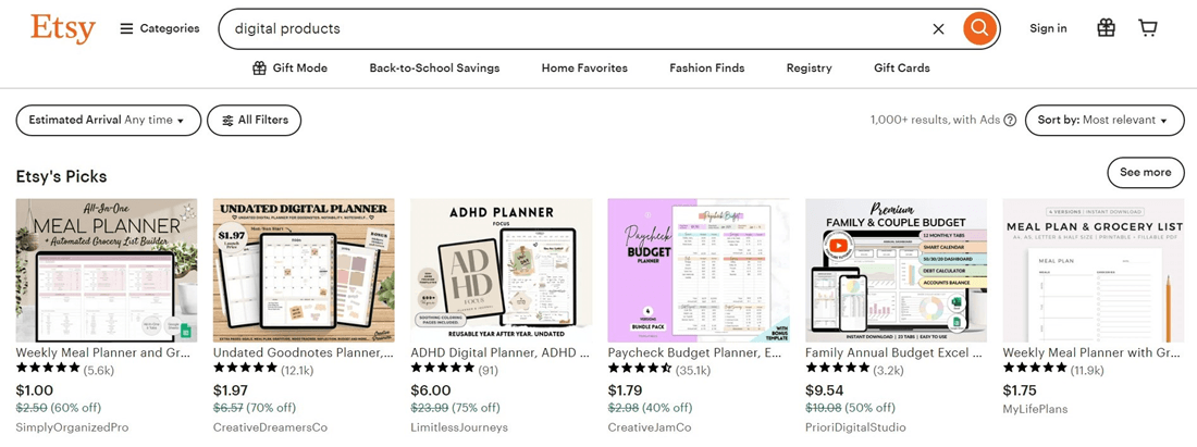 Etsy Digital Products Search