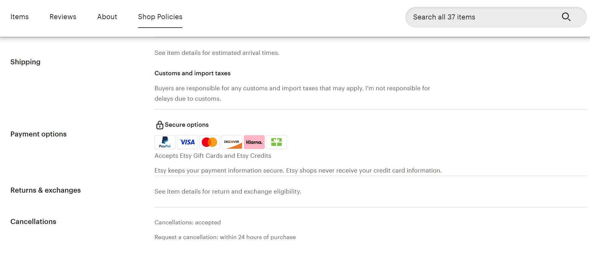 Etsy Shop Policies